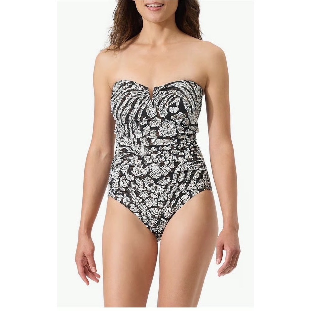 Tommy Bahama Strapless One Piece Swimsuit Black White Ruched Size 8
